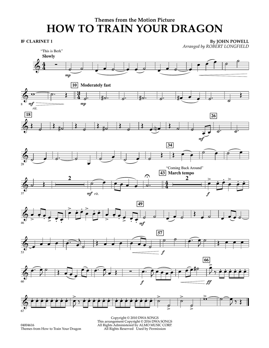 Themes from How to Train Your Dragon - Bb Clarinet 1 Concert Band scores gallery preview page 1