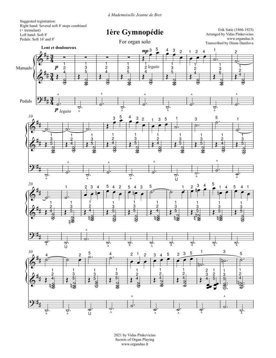 1ère Gymnopèdie (arr. for Organ Solo) by Erik Satie with Fingering and Pedaling