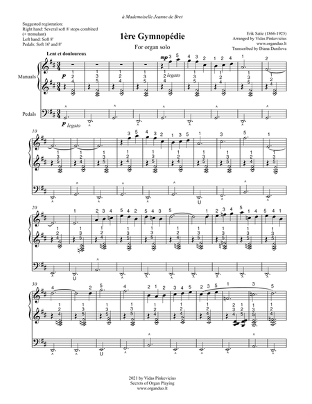 1ère Gymnopèdie (arr. for Organ Solo) by Erik Satie with Fingering and Pedaling