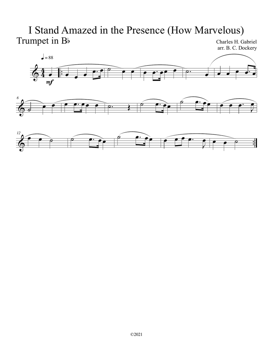 I Stand Amazed in the Presence (How Marvelous) for trumpet and trombone duet with optional piano acc Brass Duet scores gallery preview page 3