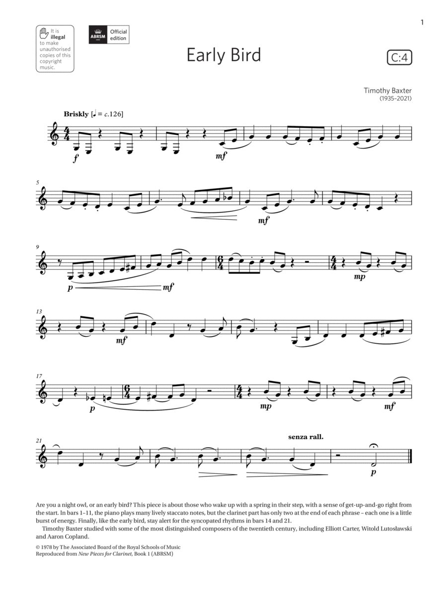 Early Bird (Grade 3 List C4 from the ABRSM Clarinet syllabus from 2022) Clarinet Solo scores gallery preview page 1