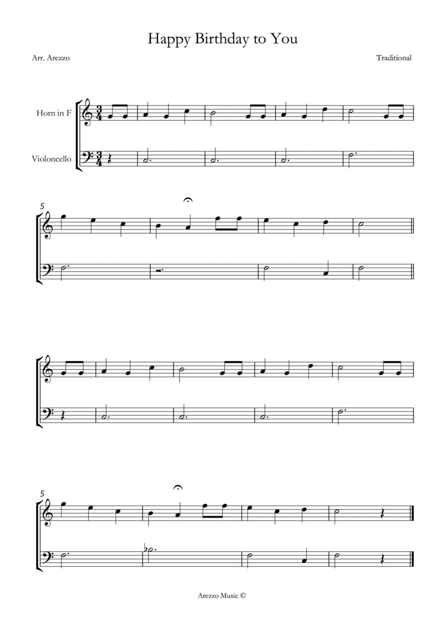 happy birthday to you easy French Horn and Cello sheet music Chamber Music scores gallery preview page 1