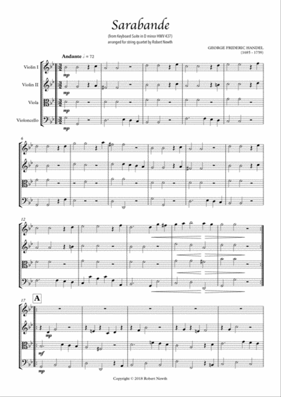 Sarabande from Keyboard Suite in D minor HWV 437 (for String Quartet) String Quartet scores gallery preview page 1