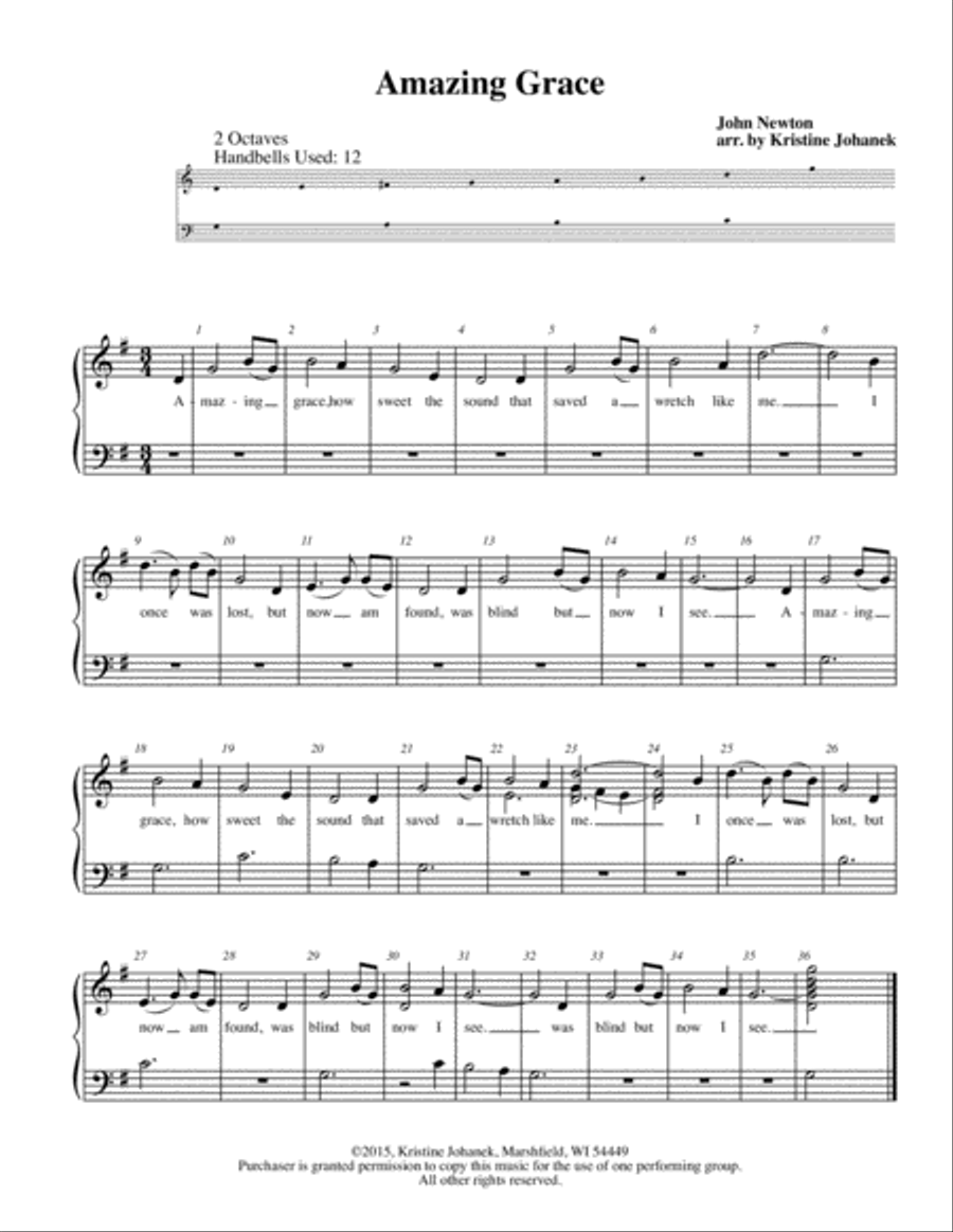 Amazing Grace plus Three (Jesus Loves Me, Peace Like a River, Kum Bah Yah) (2 Octaves. Reproducible) 4-Part scores gallery preview page 3