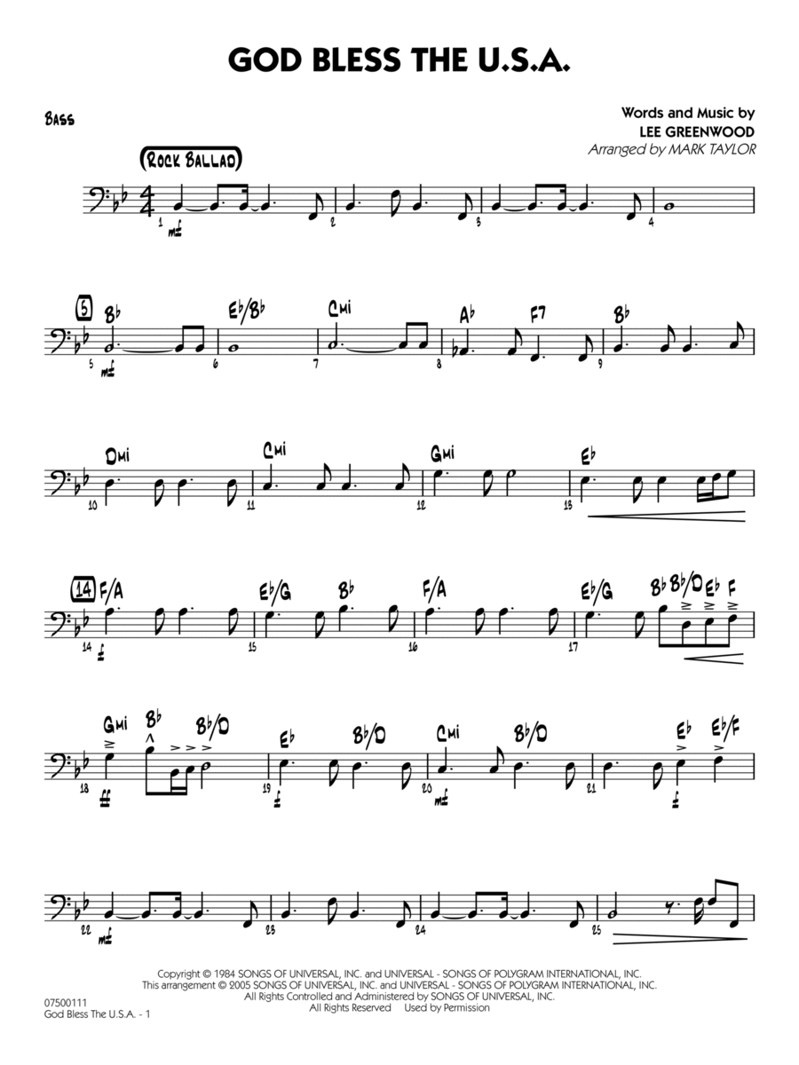 God Bless the U.S.A. (arr. Mark Taylor) - Bass Jazz Ensemble scores gallery preview page 1