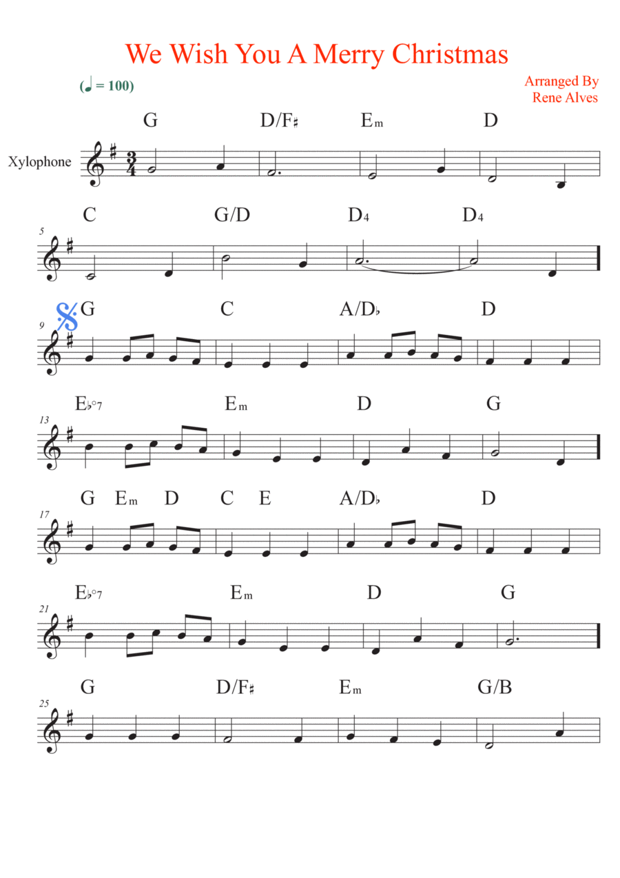 We Wish You A Merry Christmas xylophone sheet music and melody for the beginning musician easy