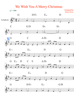 We Wish You A Merry Christmas, xylophone sheet music and melody for the beginning musician (easy).