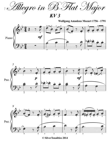 Allegro In B Flat Major KV 3 Easy Piano Sheet Music