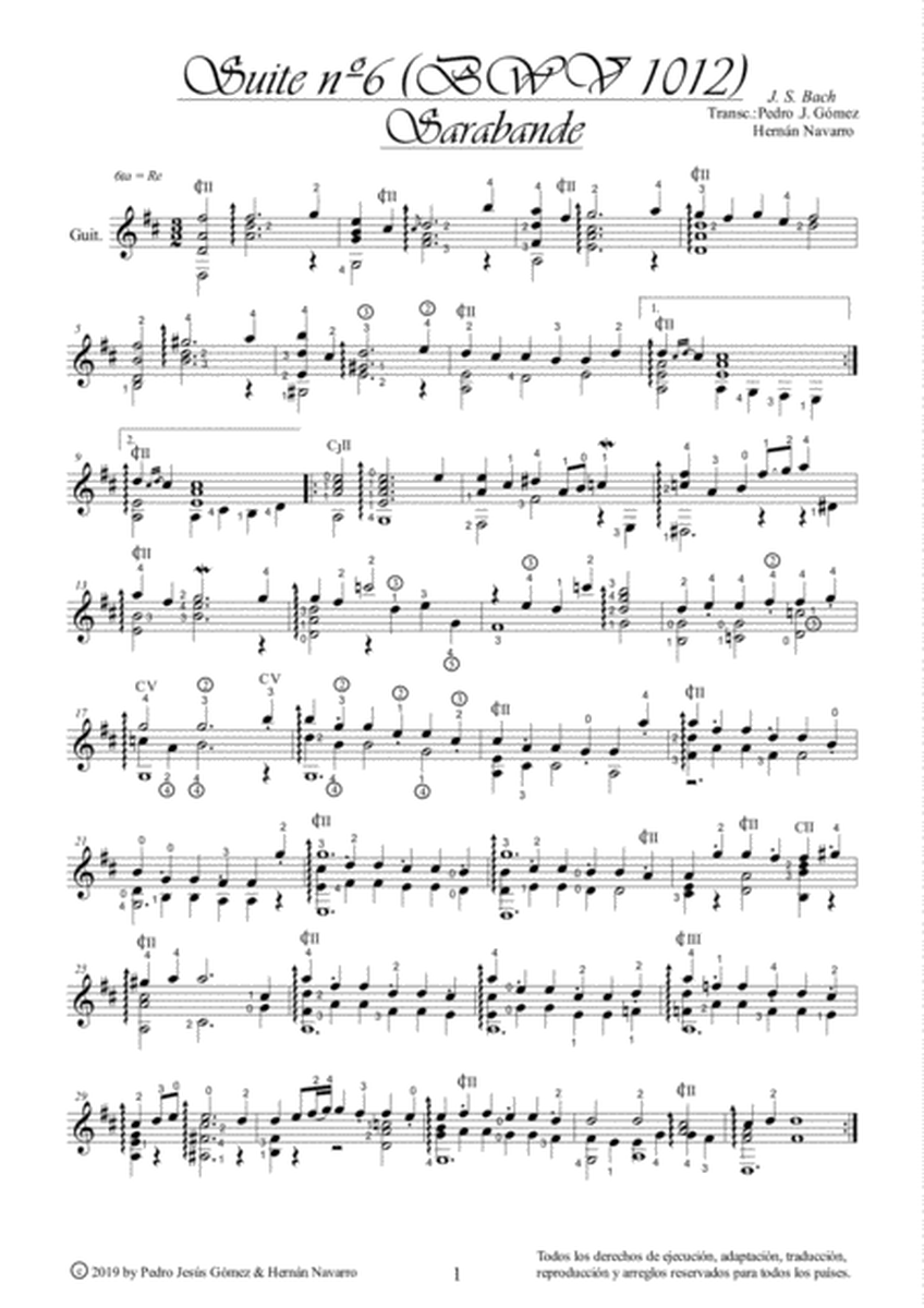 J.S. Bach Sarabande BWV 1012-6th. suite cello guitar arr.: P.J. Gómez & H. Navarro edition