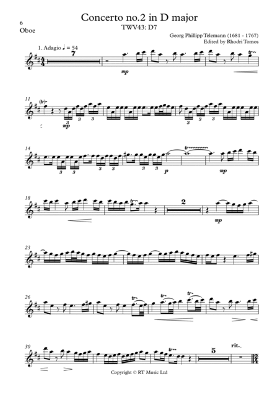 Telemann TWV43:D7 Concerto in D major. Oboe & trumpet solo parts.