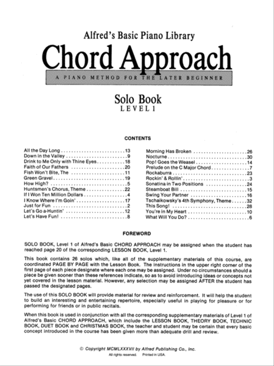 Alfred's Basic Piano Chord Approach Solo Book, Book 1