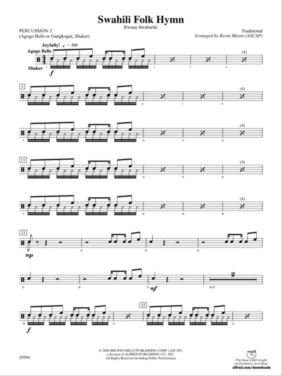 Swahili Folk Hymn (Bwana Awabariki): 2nd Percussion Concert Band scores gallery preview page 1
