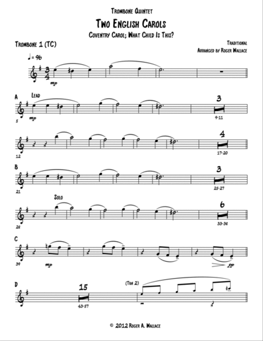 Two English Carols (Coventry Carol; What Child Is This?) - Trombone Quintet or Choir Choir scores gallery preview page 6