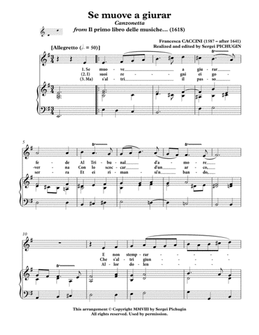 CACCINI Francesca: Se muove a giurar, canzonetta, arranged for Voice and Piano (E minor) image number null