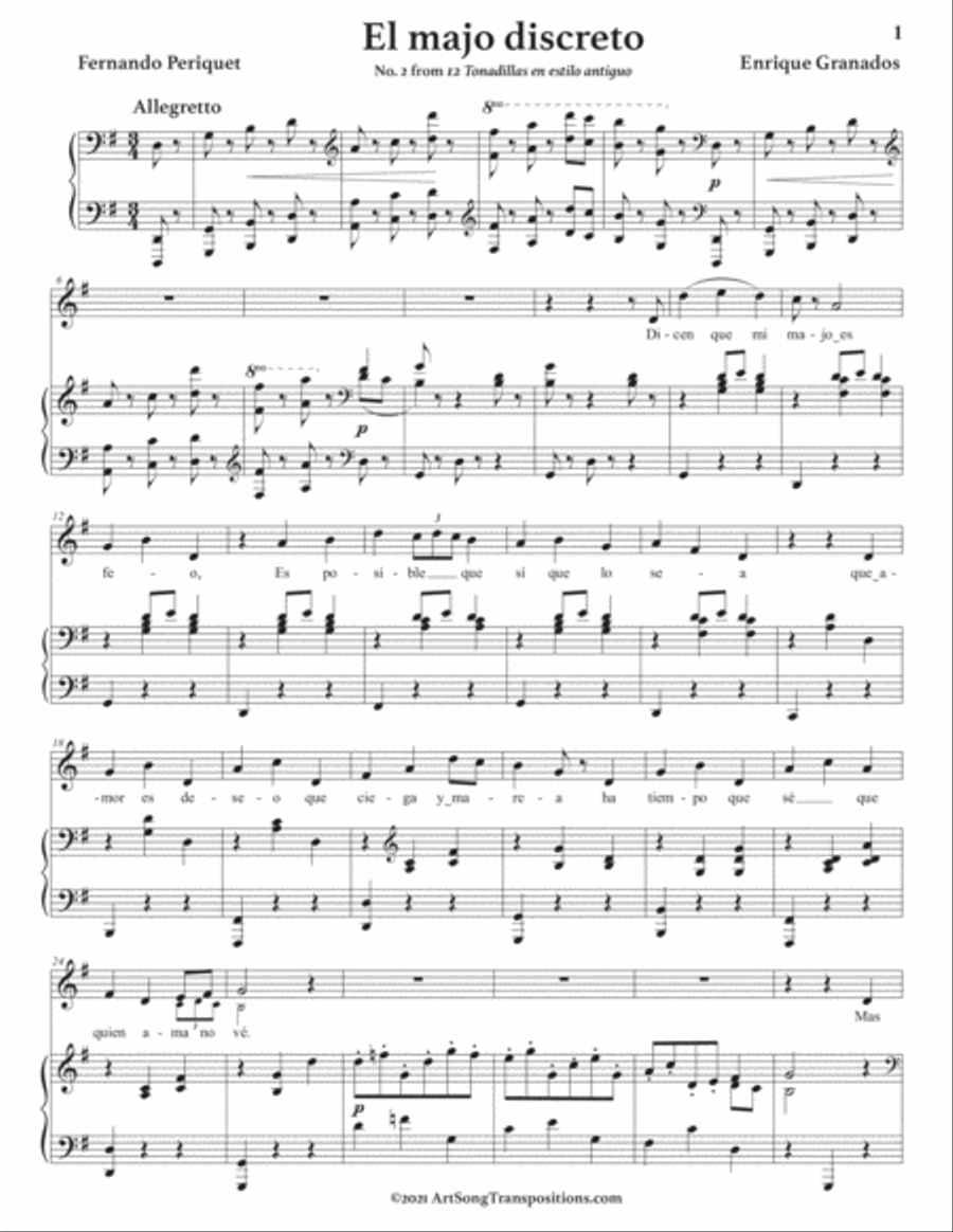 GRANADOS: El majo discreto (transposed to G major) Voice scores gallery preview page 2