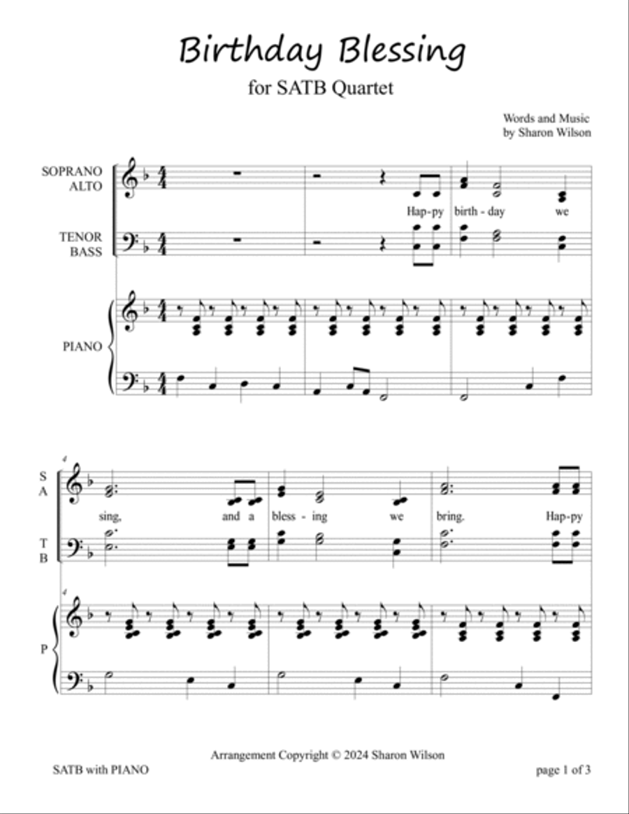 Birthday Blessing (for SATB Quartet with optional Piano Accompaniment) 4-Part scores gallery preview page 3