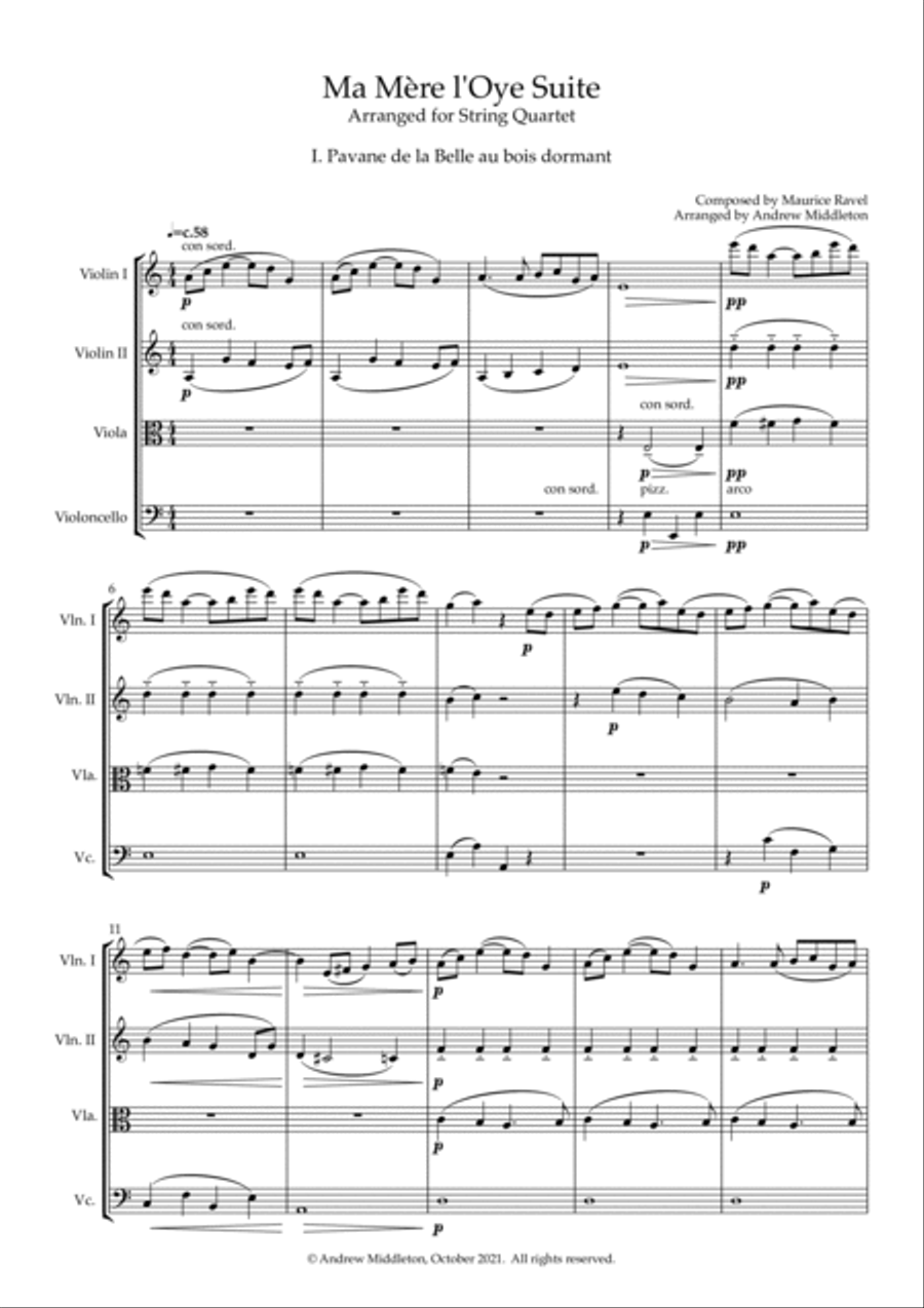 Ma Mère l’Oye Suite arranged for String Quartet String Quartet scores gallery preview page 3