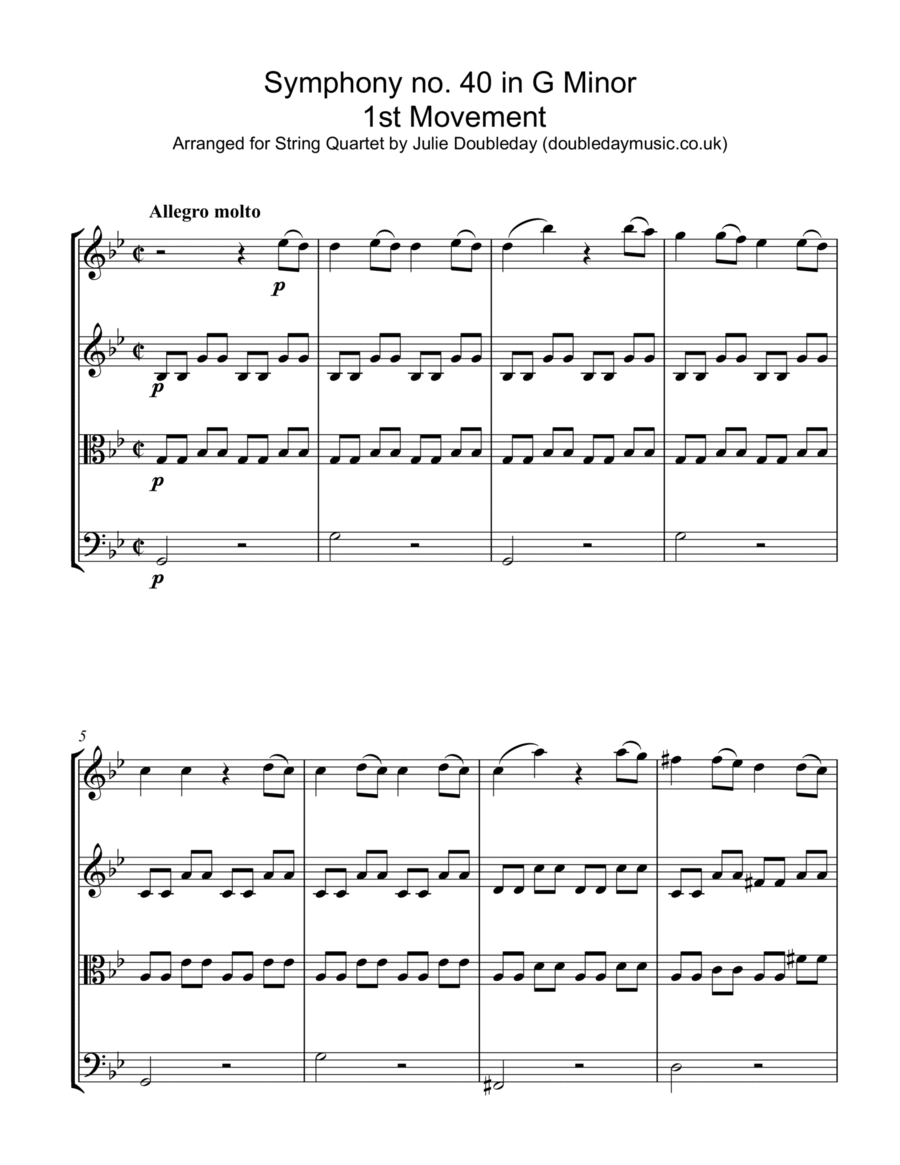 Mozart Symphony No. 40 in G minor, KV. 550 (Mov 1) for String Quartet - Score and Parts image number null