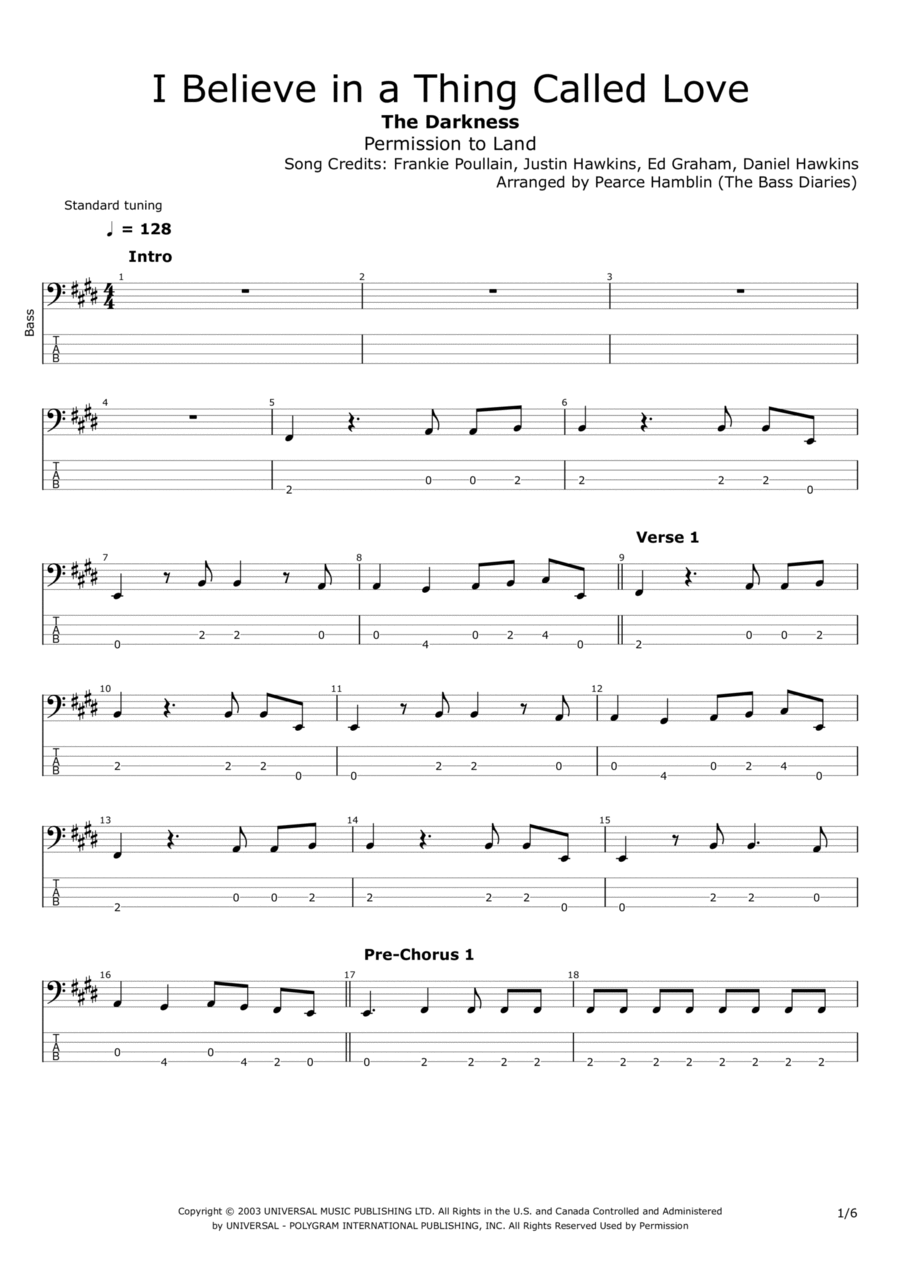 I Believe In A Thing Called Love Bass Guitar scores gallery preview page 1
