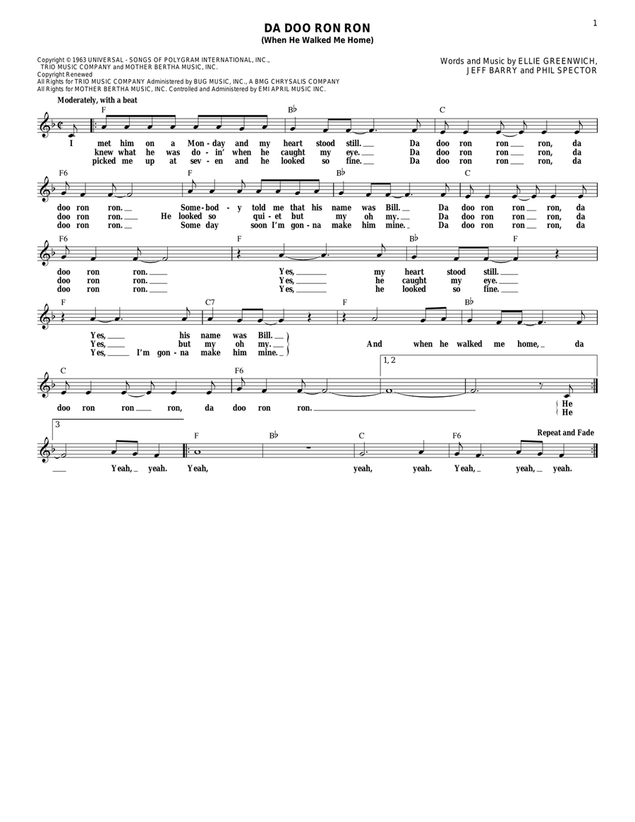 Da Doo Ron Ron (When He Walked Me Home) Piano scores gallery preview page 1