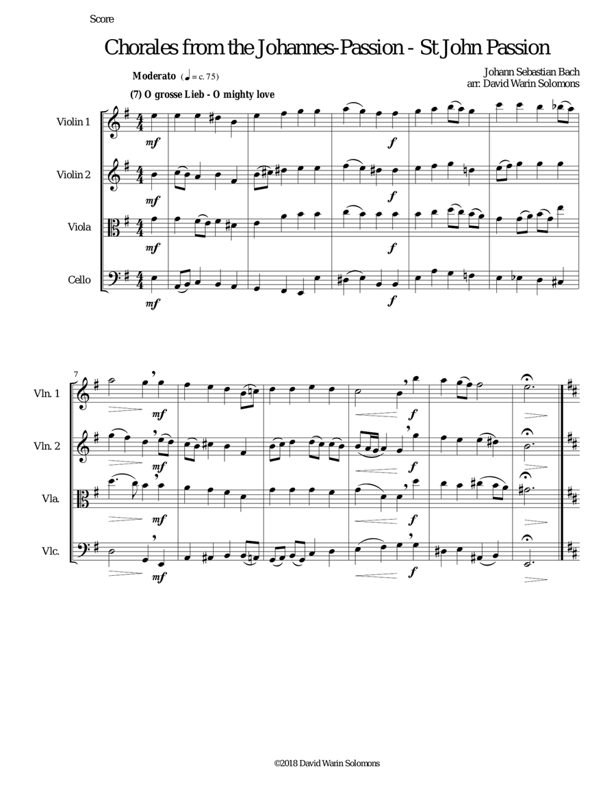 Chorales from the Johannes-Passion (St John Passion) for string quartet String Quartet scores gallery preview page 1