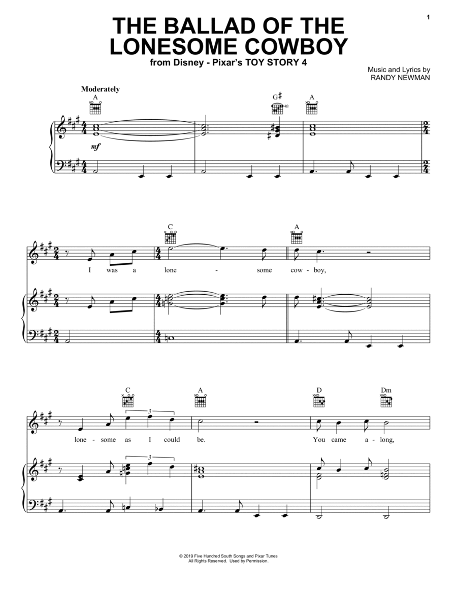 The Ballad Of The Lonesome Cowboy (from Toy Story 4) Piano, Vocal, Guitar scores gallery preview page 1