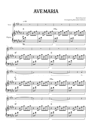 Bach / Gounod Ave Maria in E major • tenor sheet music with piano accompaniment and chords