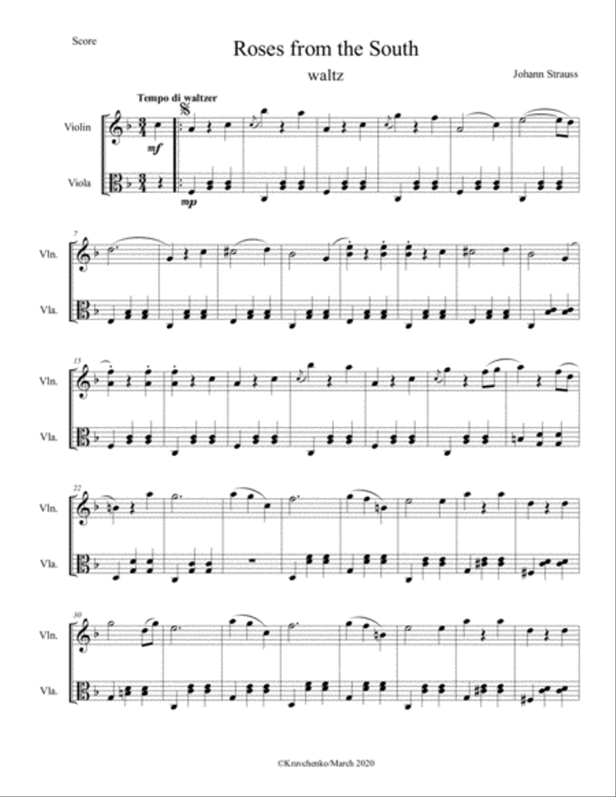 Johann Strauss II - Roses from the South Waltz for string duo String Duet scores gallery preview page 1