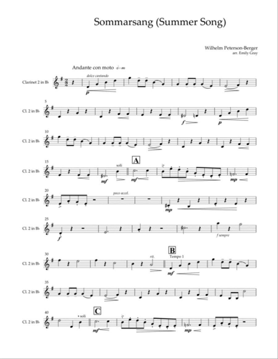 Sommarsang (Summer Song) for Clarinet Choir (Parts) image number null