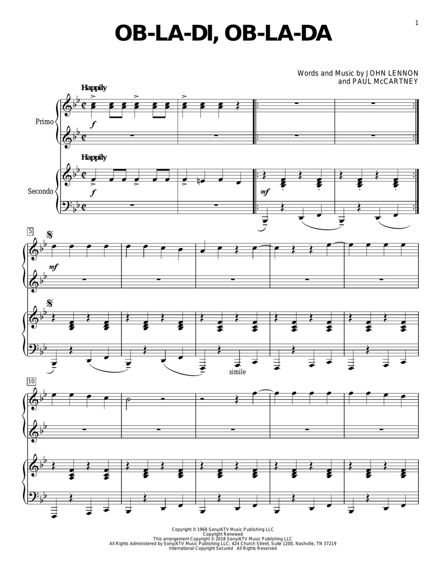 Ob-La-Di, Ob-La-Da Piano Duet scores gallery preview page 1