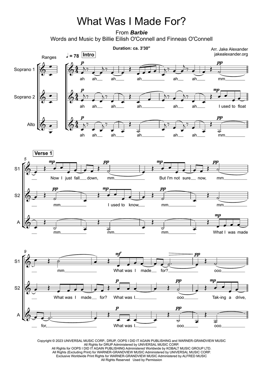 What Was I Made For? (arr. Jake Alexander) SSA scores gallery preview page 1