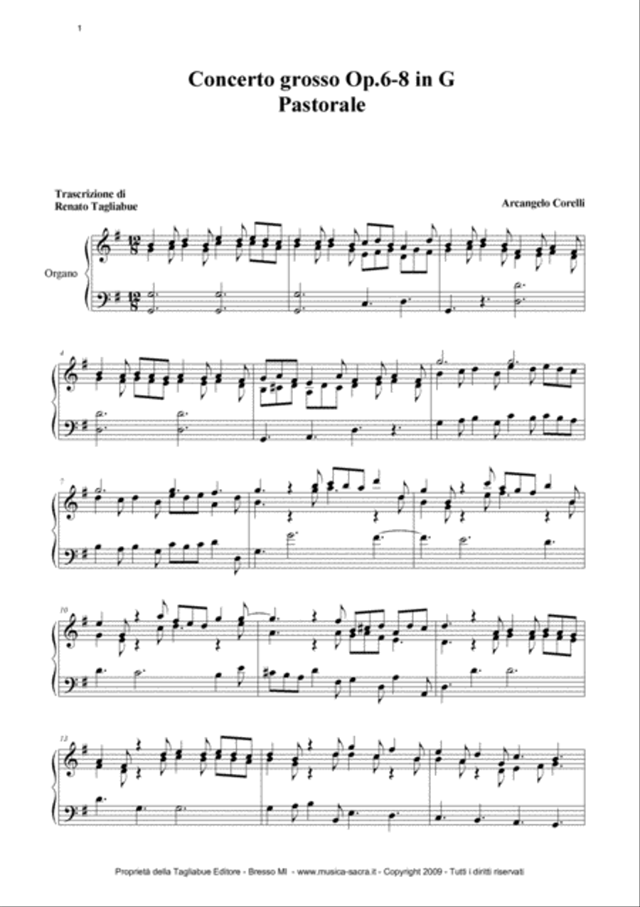 PASTORALE from Concerto Grosso Op. 6-8 in G by Arcangelo Corelli - Arr. for Piano/Organ image number null