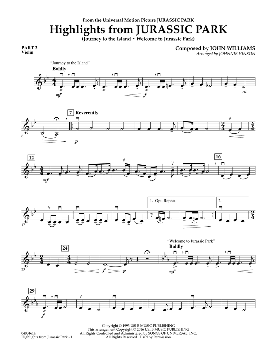 Highlights from Jurassic Park - Pt.2 - Violin Concert Band scores gallery preview page 1