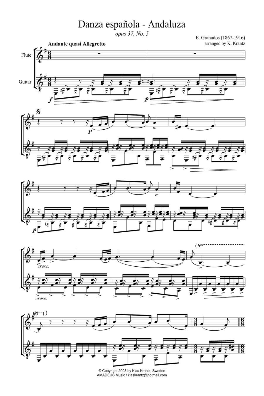 Spanish Dance No. 5, Danza espanola, Andaluza Op. 37 (E Major) for flute and guitar Flute scores gallery preview page 2
