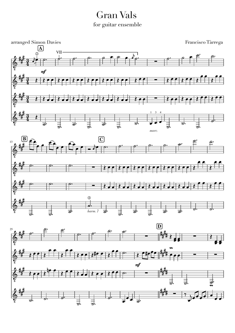Gran Vals - Francisco Tàrrega (arranged for guitar ensemble) Guitar Ensemble scores gallery preview page 1