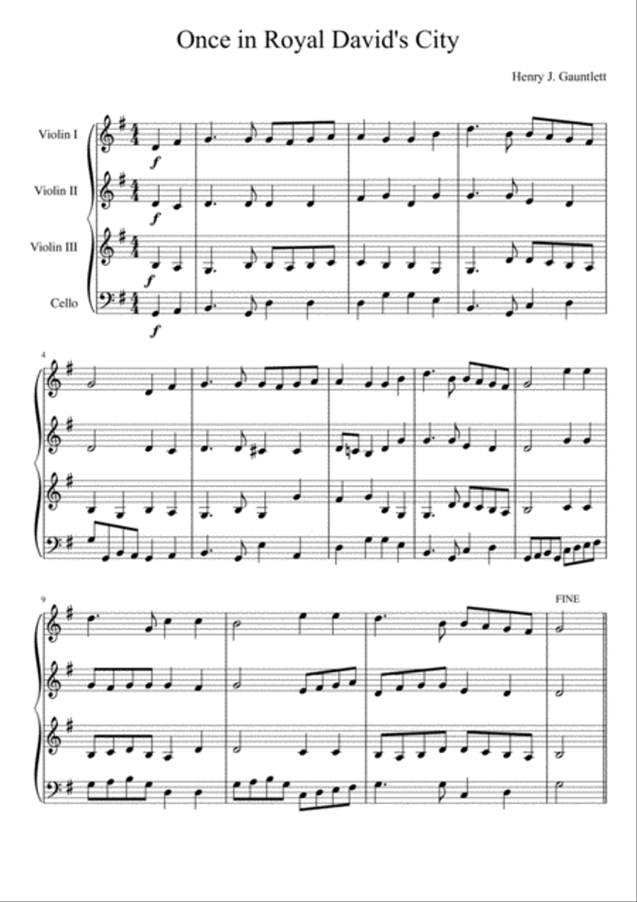 Once in Royal David's City (three violins and cello) String Quartet scores gallery preview page 2