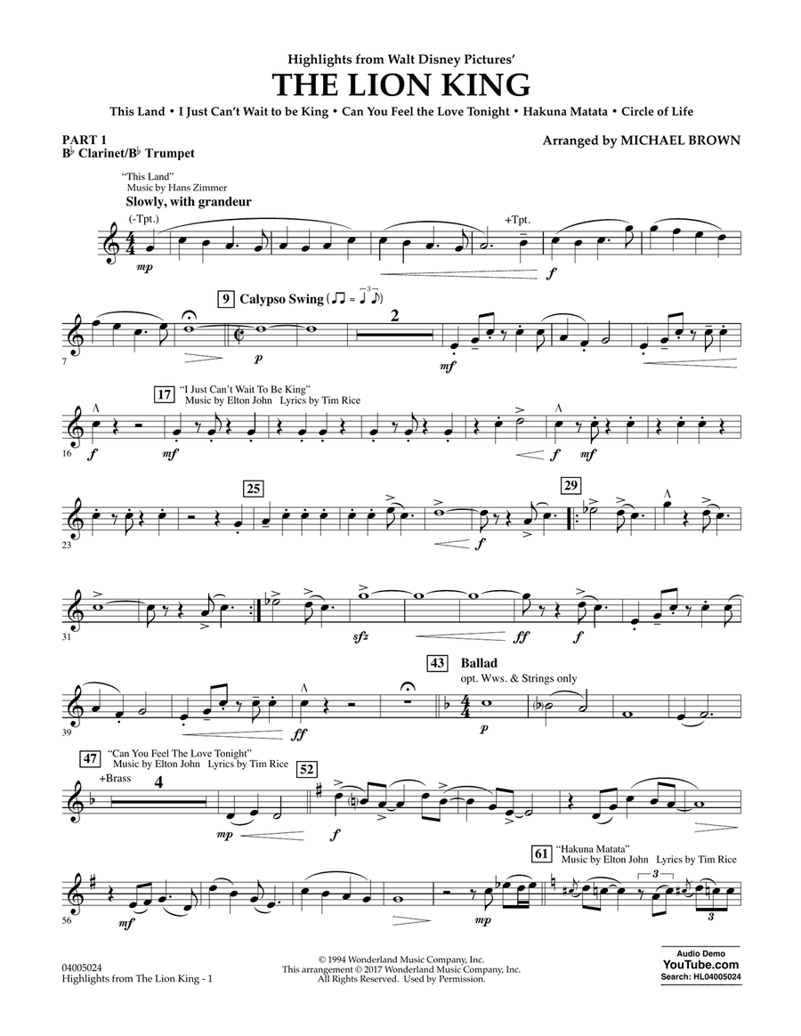 Highlights from The Lion King - Pt.1 - Bb Clarinet/Bb Trumpet