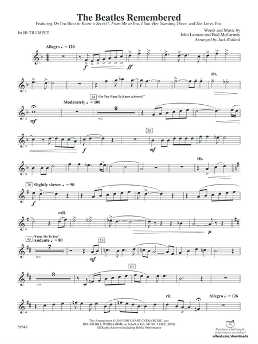 The Beatles Remembered: 1st B-flat Trumpet Concert Band scores gallery preview page 1