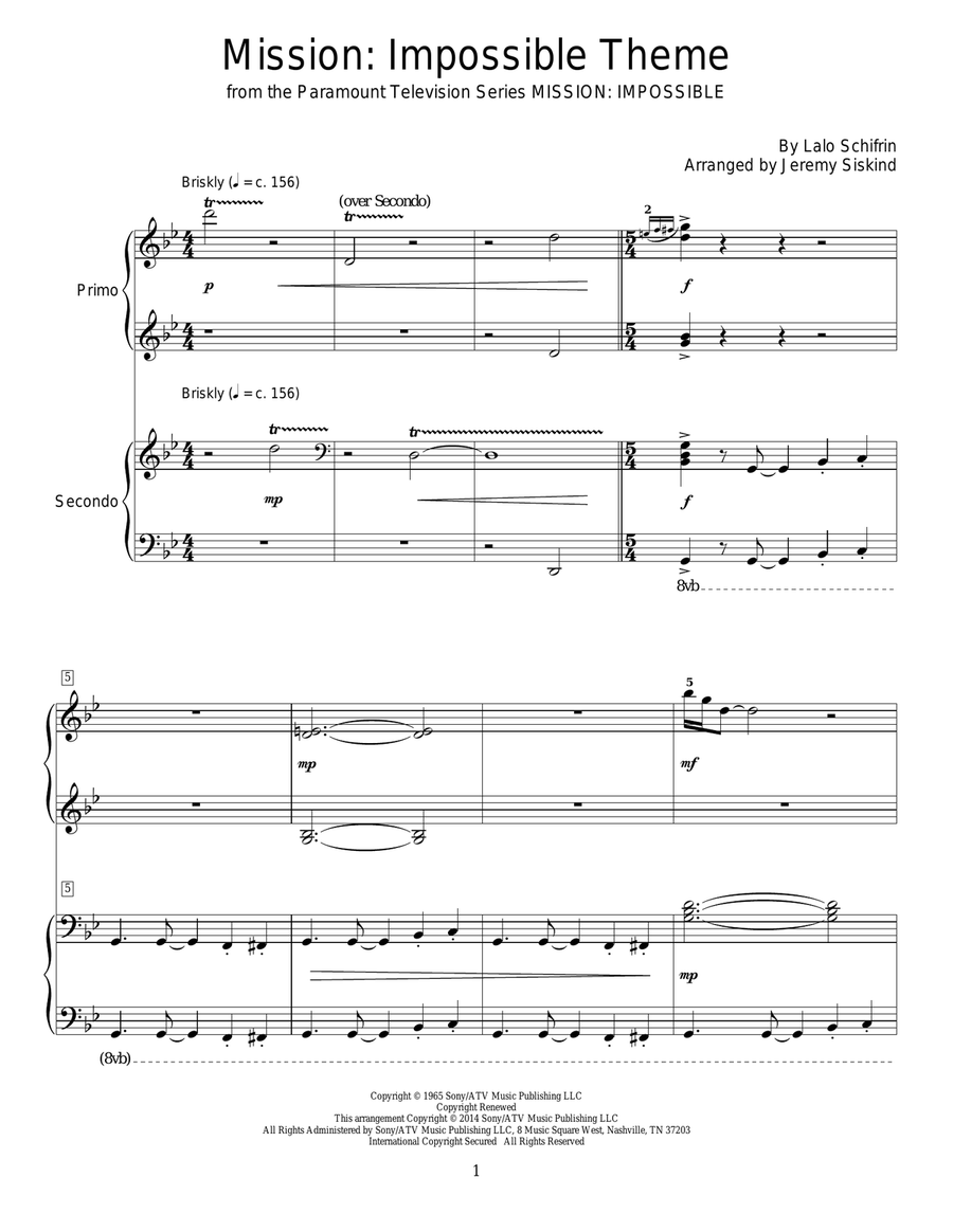 Mission: Impossible Theme Piano Duet scores gallery preview page 1