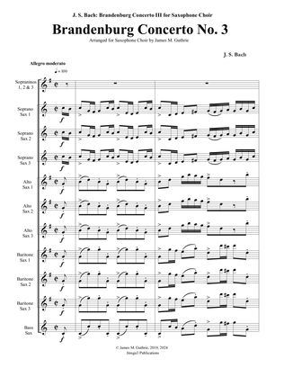 Bach: Brandenburg Concerto No. 3 for Saxophone Choir - Score Only