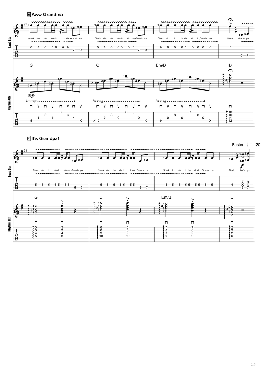 Baby Shark Guitar Tablature scores gallery preview page 3