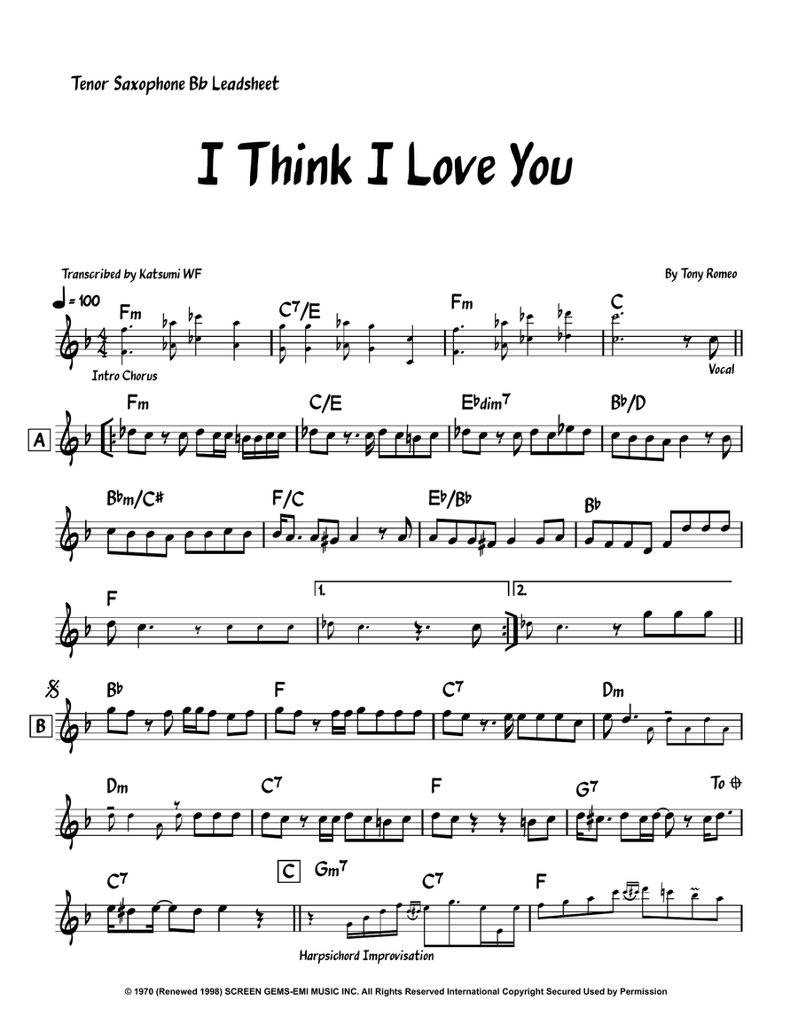 I Think I Love You I Think I Love You Tenor Saxophone scores gallery preview page 1