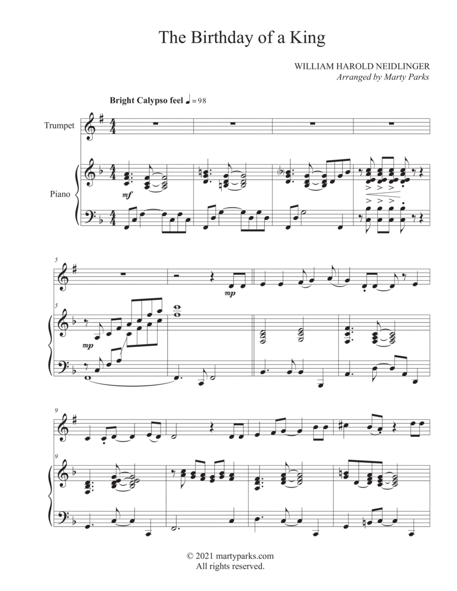 The Birthday of a King (Trumpet-Piano) The Birthday of a King (Trumpet-Piano) Trumpet Solo scores gallery preview page 1