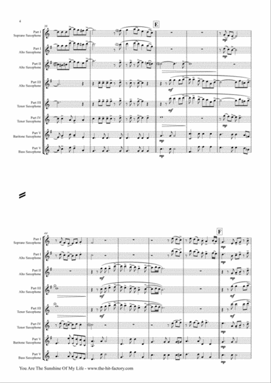 You Are The Sunshine Of My Life Saxophone Quintet scores gallery preview page 6