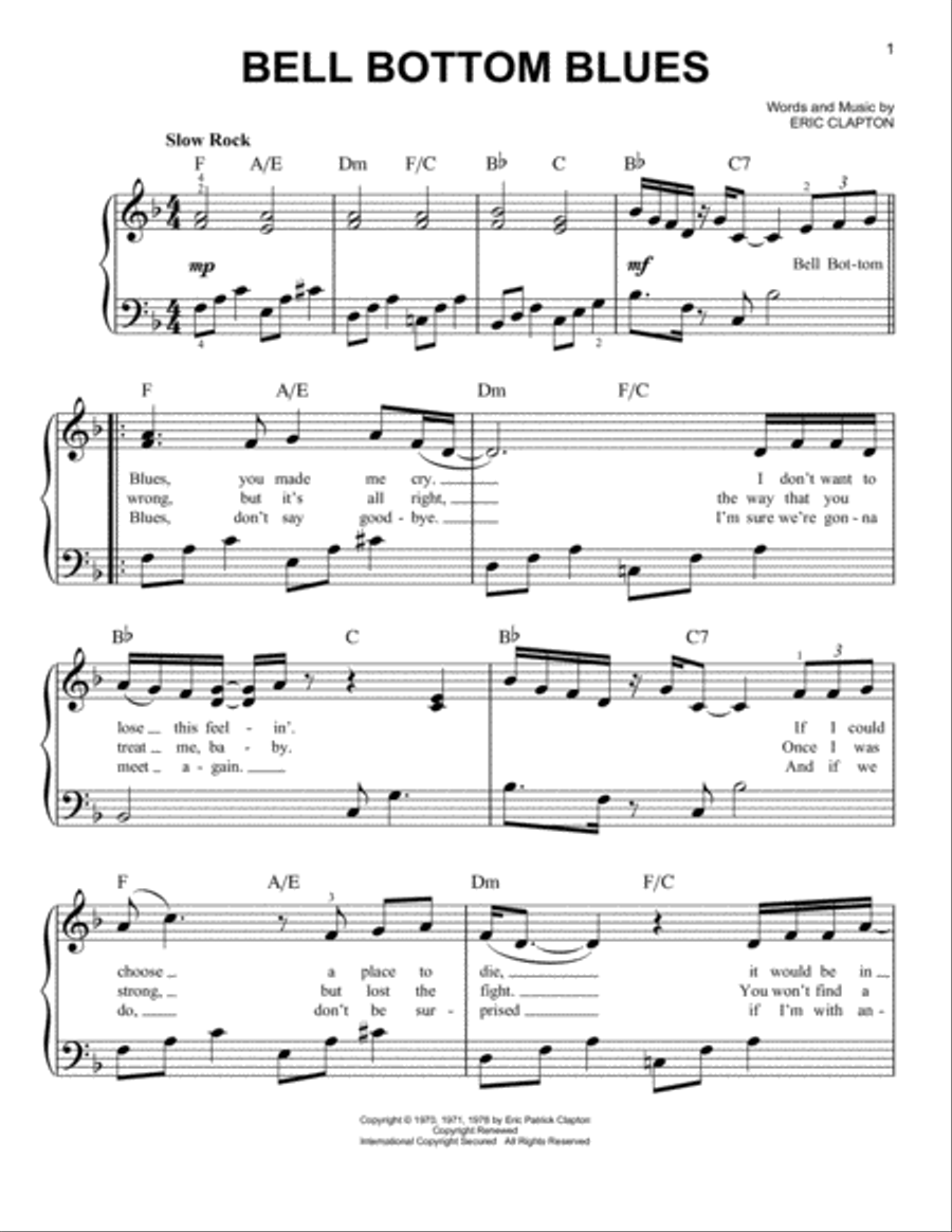 Bell Bottom Blues Bell Bottom Blues Easy Piano scores gallery preview page 1