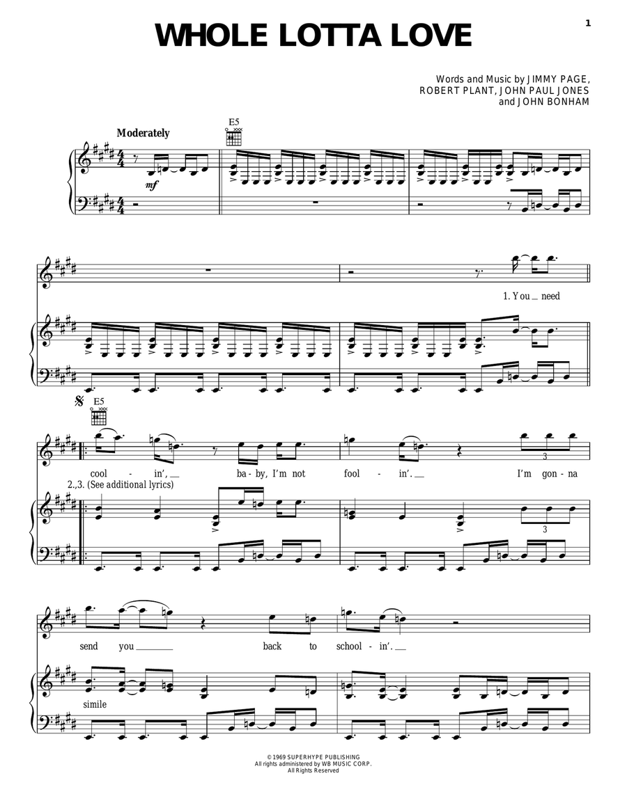 Whole Lotta Love Piano, Vocal, Guitar scores gallery preview page 1