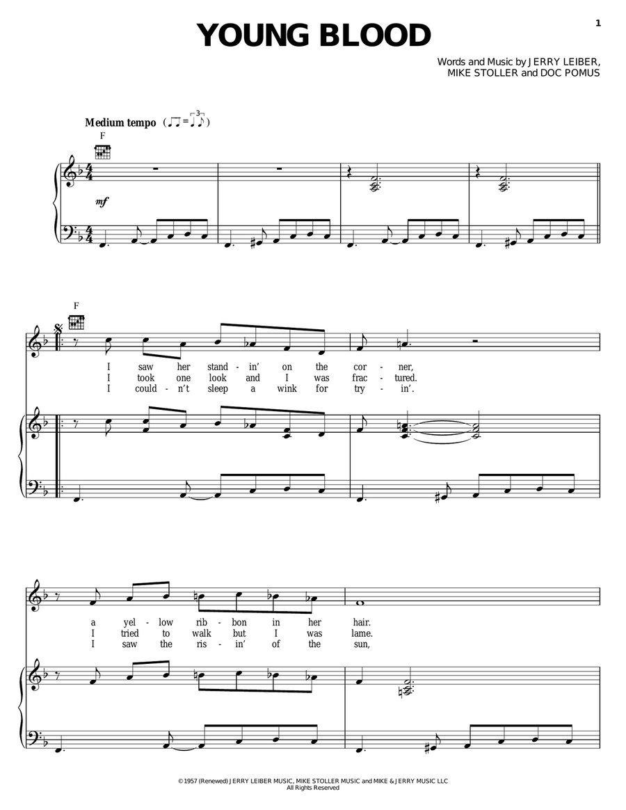 Young Blood Piano, Vocal, Guitar scores gallery preview page 1