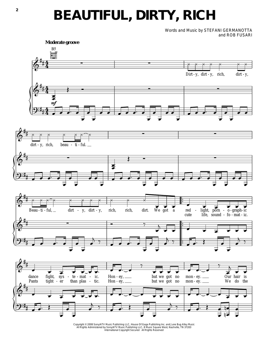 Beautiful, Dirty, Rich Piano, Vocal, Guitar scores gallery preview page 1