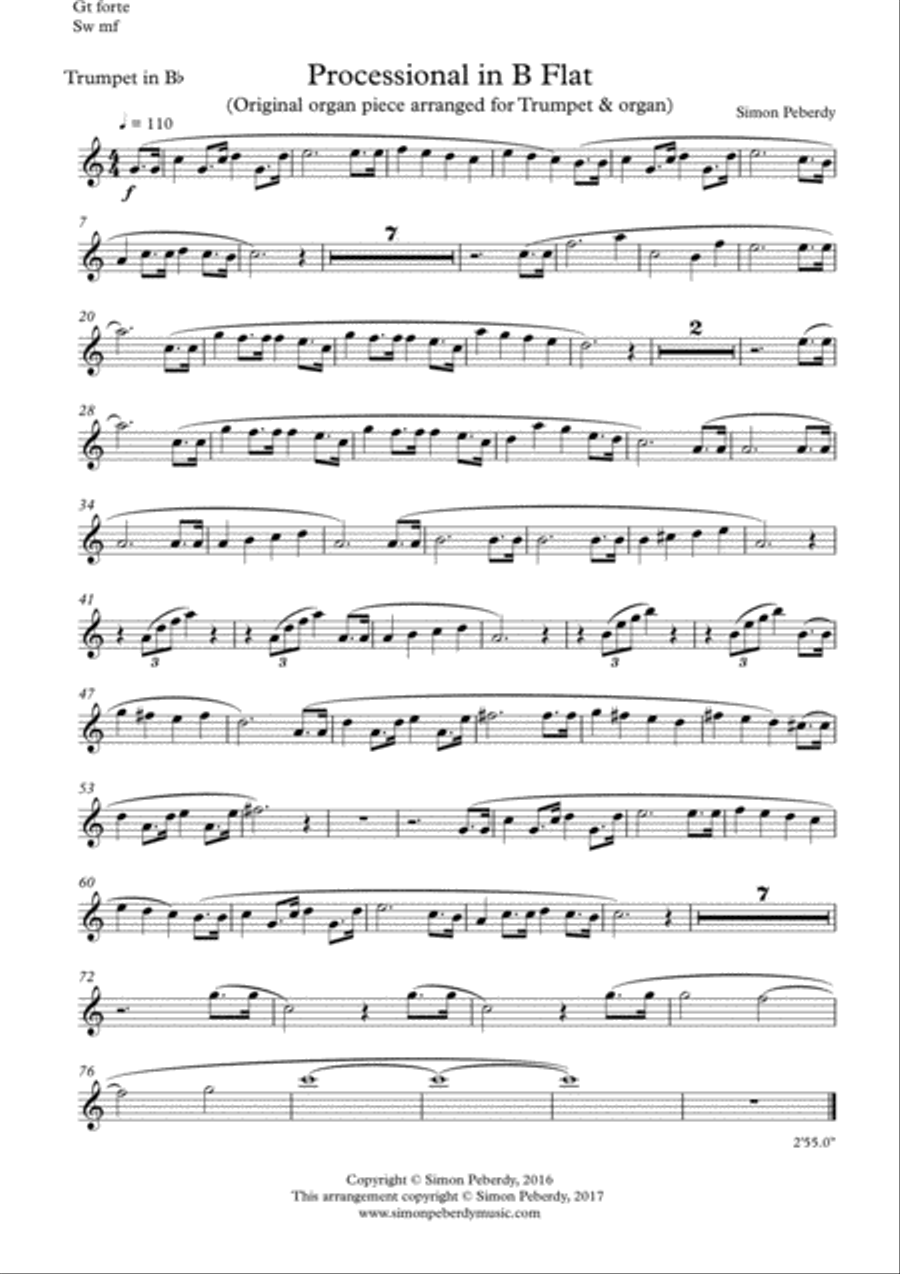 Processional for Trumpet and Organ (Possible wedding music) by Simon Peberdy Trumpet Duet scores gallery preview page 1