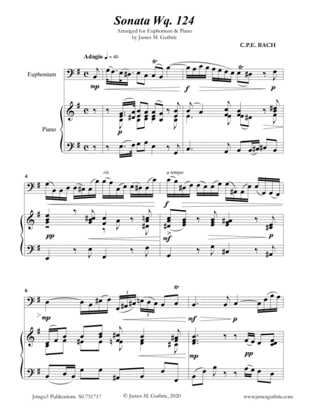CPE BACH: Sonata in E Minor WQ124 for Euphonium & Piano image number null